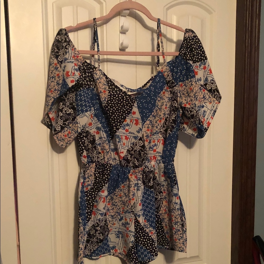 Patrons of Peace Blue, Cream and Black Patchwork Off-Shoulder Romper
